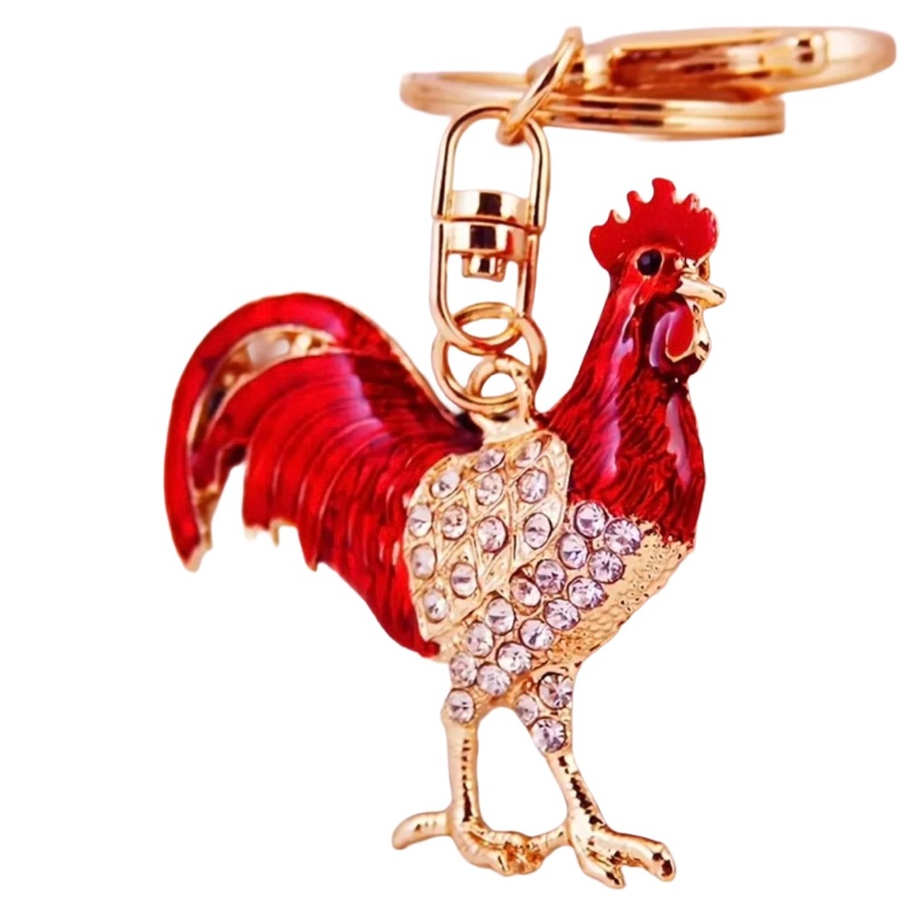ROOSTER Keychain/ Bag Charm with White Crystals and Red Enamel
